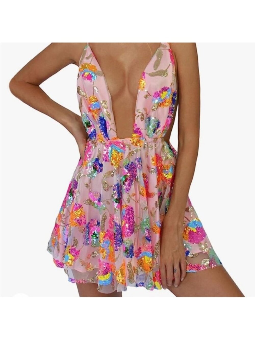 Garden of Eden Sequin Backless Mini Dress Pink Multi Large NWOT